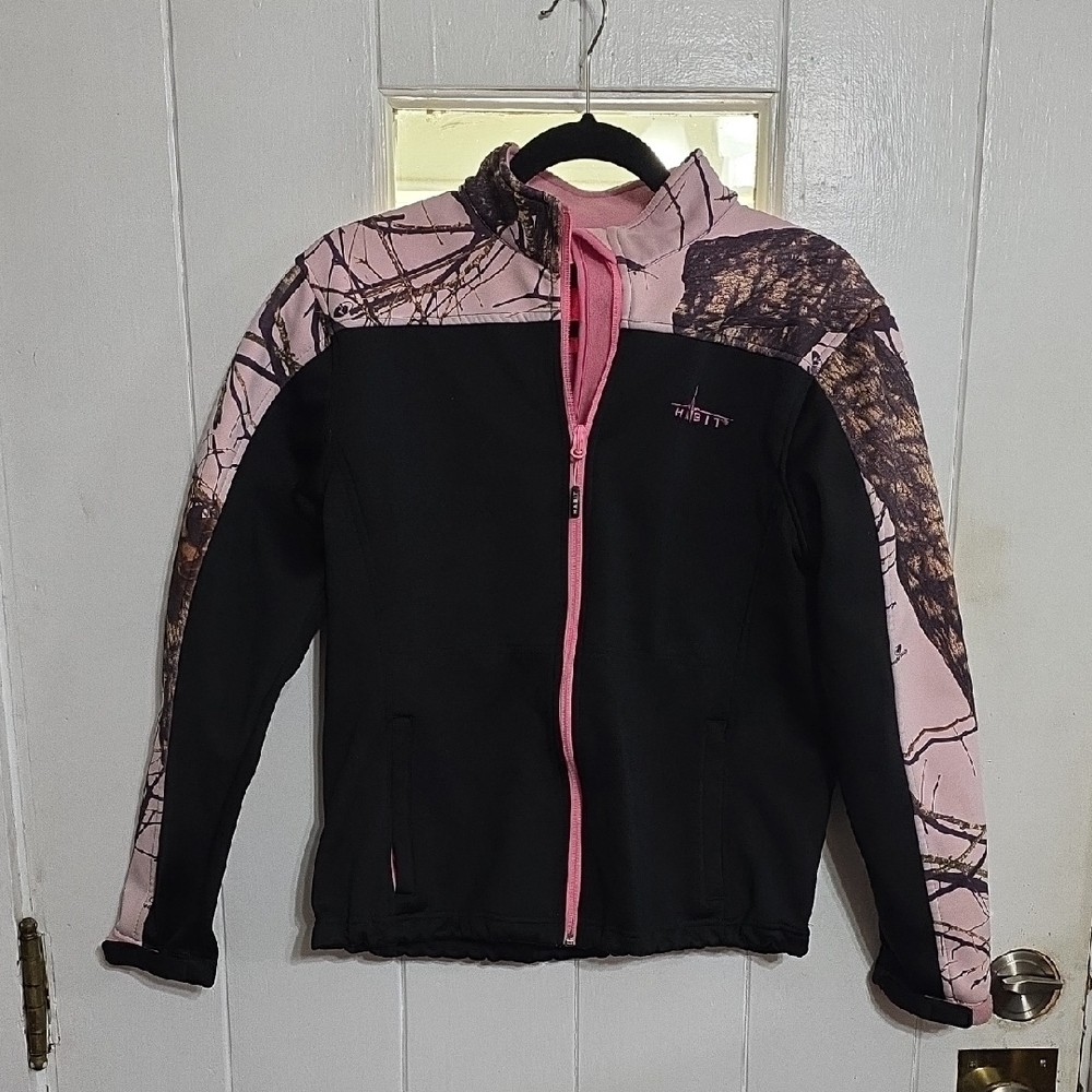 Habit Women's Zip Front Jacket Black W/Pink Camo Pockets Fleece Lined Size S EUC